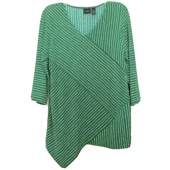 Chico's Travelers Green Striped Stretch Slinky Asymmetrical Tunic Top Medium - Picture 2 of 7